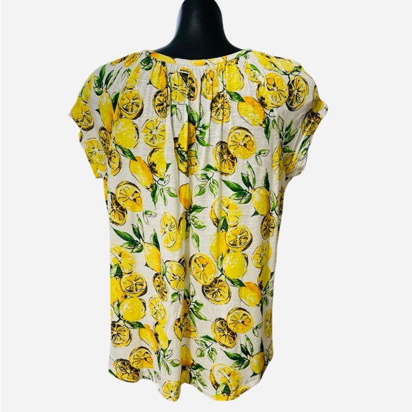 Chaps Green and Yellow Tie Front Cap Sleeve Blouse, Size Medium - Picture 2 of 5